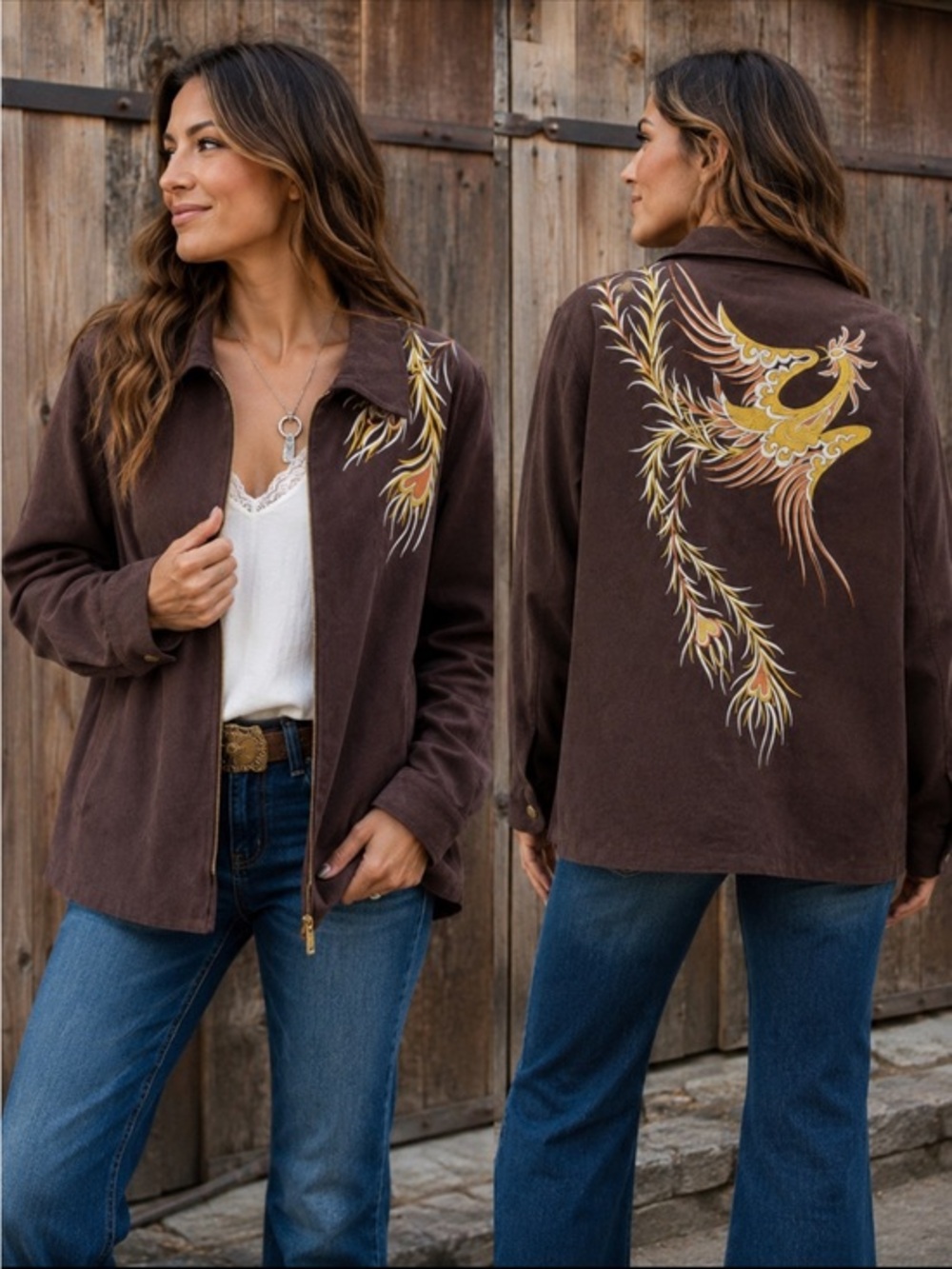 Bob Mackie Boho Western Wearable Art Embroidered Phoenix Faux Suede Jacket M